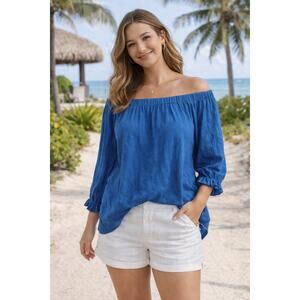 Ann Taylor Factory Blue Linen Blend Off Shoulder Peasant Top Summer Large